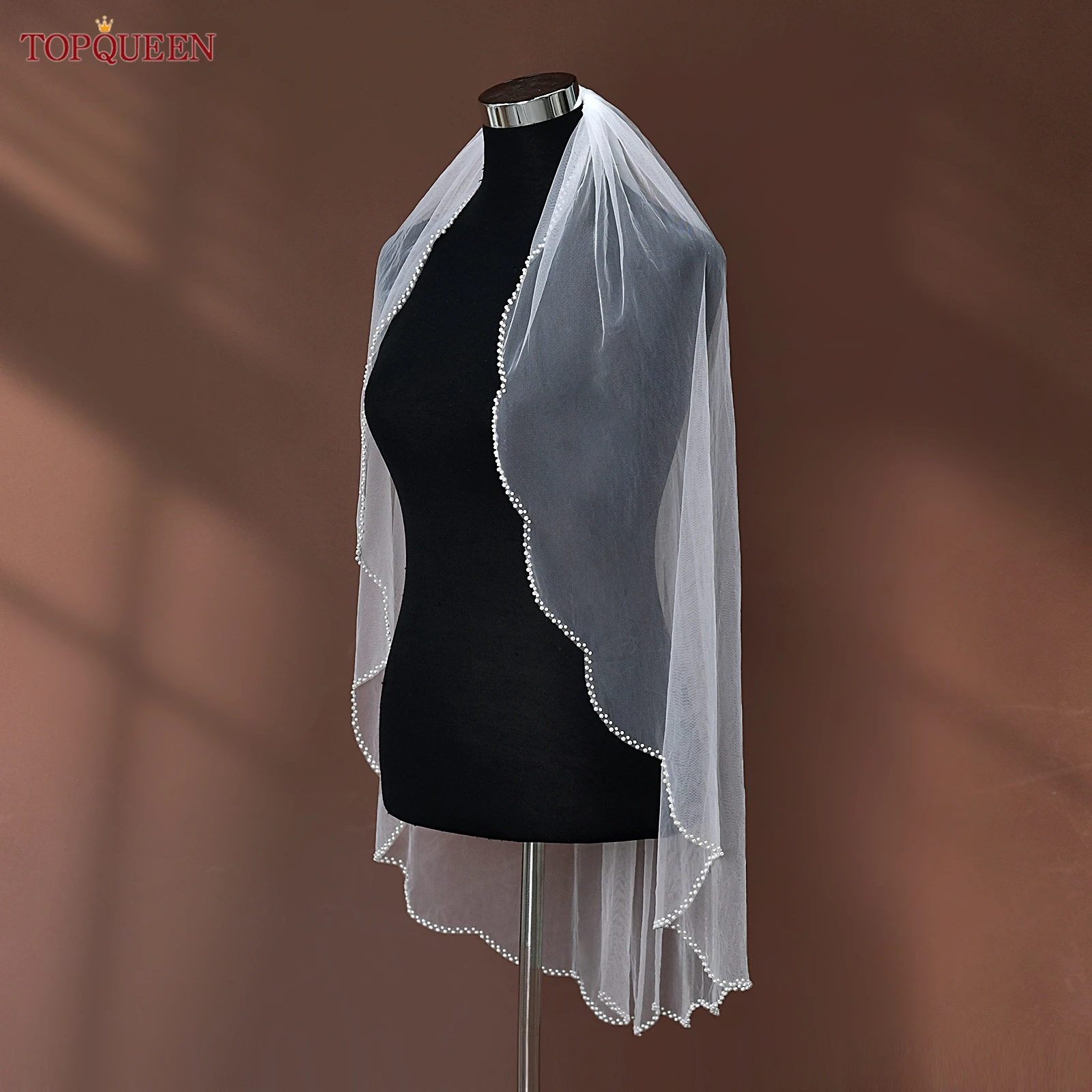 TOPQUEEN V35 Bridal Veil with Pearls Single Tier Bead Edge Bridal Veil Elbow Length Elegance Voile De MariéE High Quality