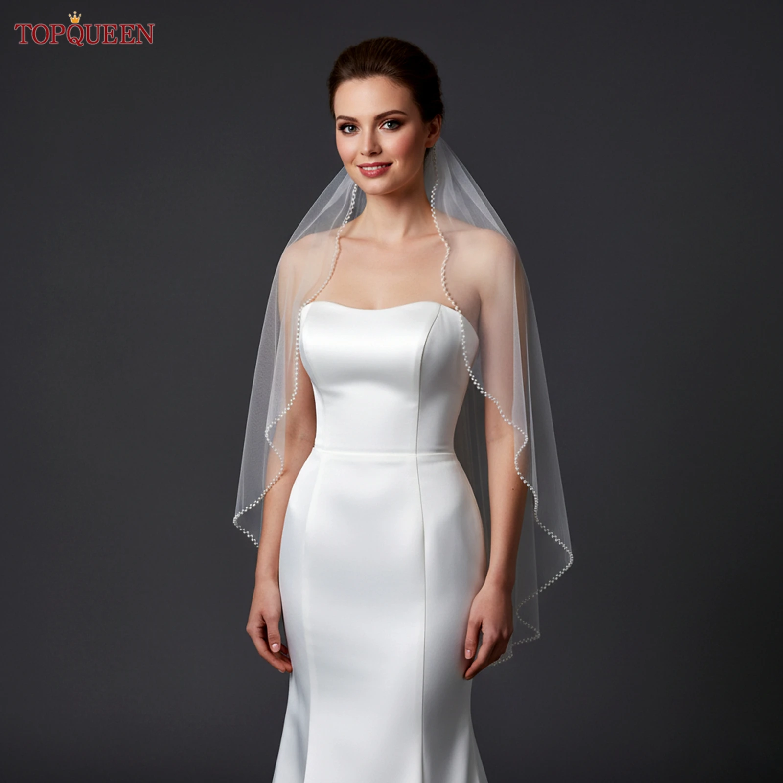 TOPQUEEN V35 Bridal Veil with Pearls Single Tier Bead Edge Bridal Veil Elbow Length Elegance Voile De MariéE High Quality