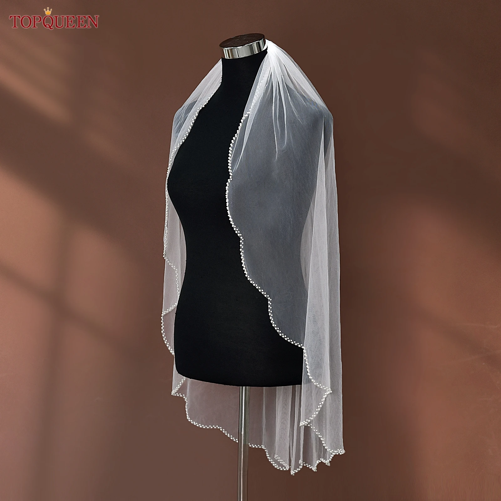 TOPQUEEN V35 Bridal Veil with Pearls Single Tier Bead Edge Bridal Veil Elbow Length Elegance Voile De MariéE High Quality