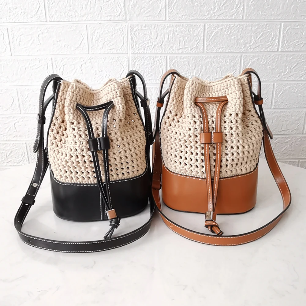 Handmade Handbag Shoulder Strap Hollow Drawstring Woven Bag Set Bucket Bag Leather With Bag Bottom Belt Bag For DIY Backpack