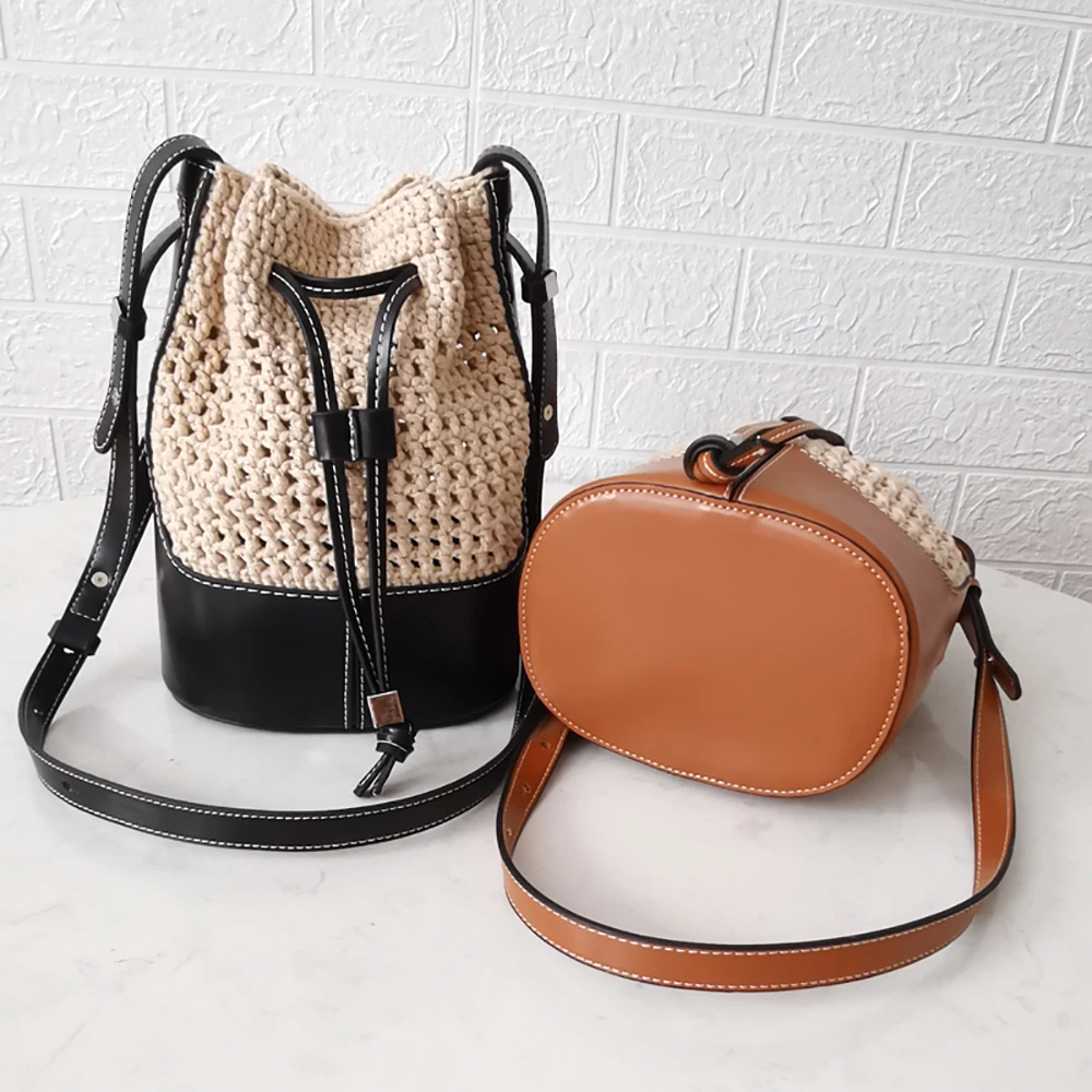 Handmade Handbag Shoulder Strap Hollow Drawstring Woven Bag Set Bucket Bag Leather With Bag Bottom Belt Bag For DIY Backpack