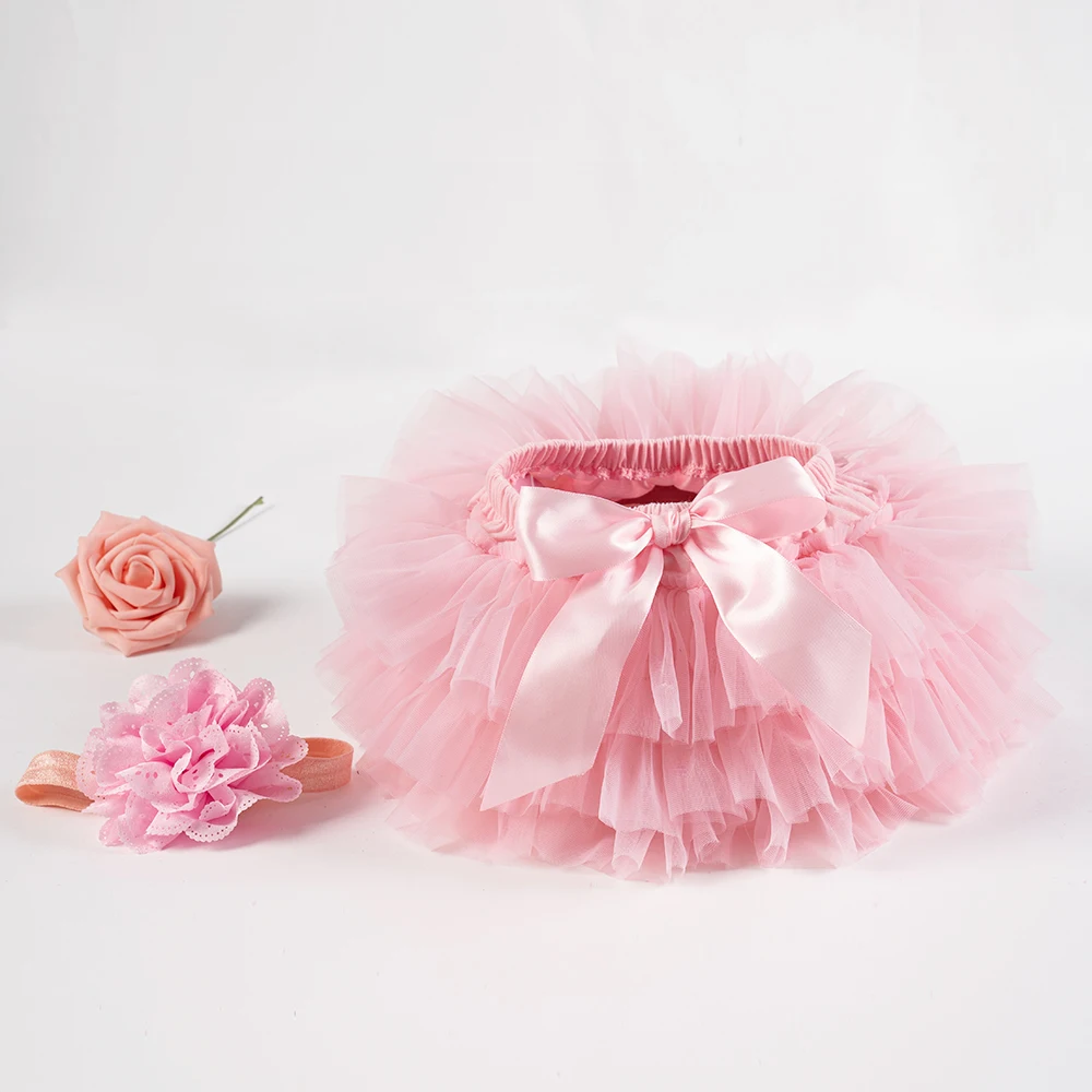 Baby girl tutu skirt 2pcs tulle lace bloomers diaper cover Newborn infant outfits Mauv headband flower set Baby mesh bloomer