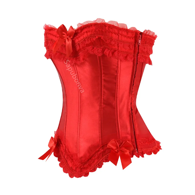Sapubonva Corset Top Bustier Plus Size Overbust Zipper for Women Shaper Gothic Satin Lace up Red Bridal White