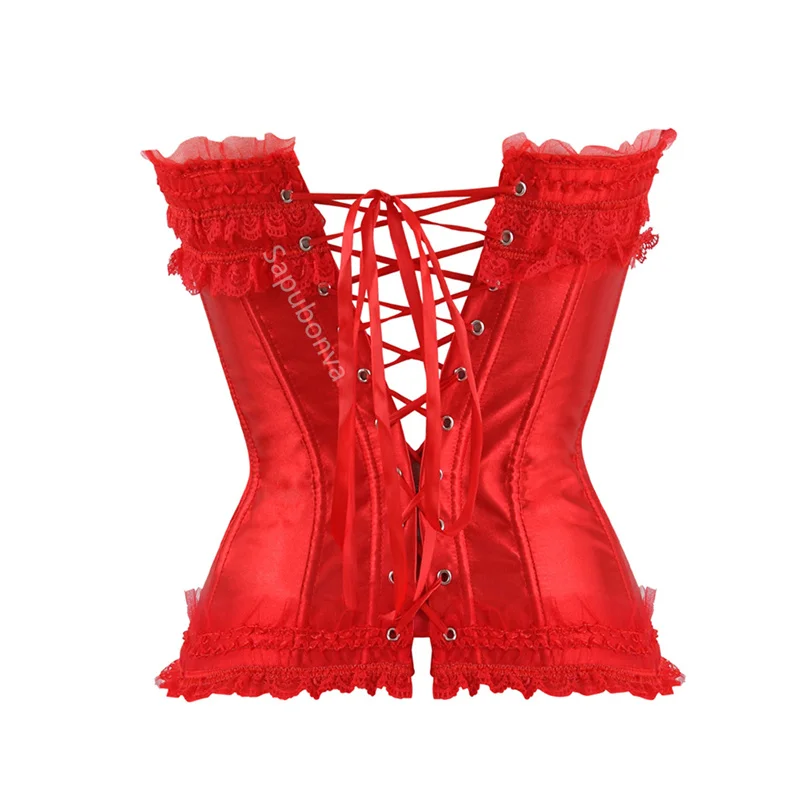 Sapubonva Corset Top Bustier Plus Size Overbust Zipper for Women Shaper Gothic Satin Lace up Red Bridal White