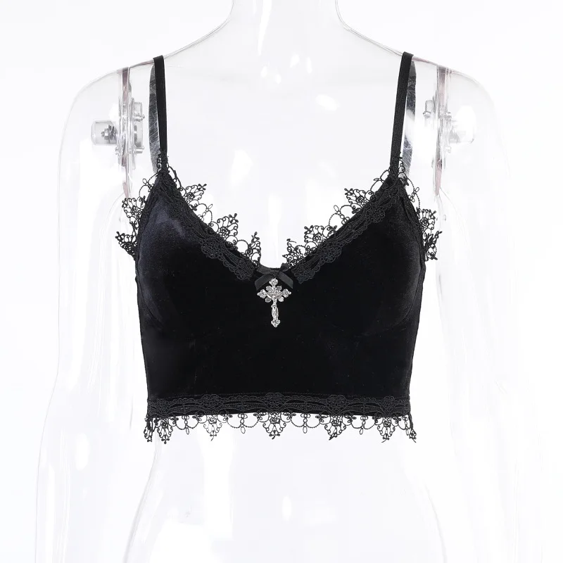 Velvet Y2K Mall Goth Crop Tops Black Lace Trim Emo Alternative Aesthetic Crop Tops Women Backless Sexy Strap Tanks