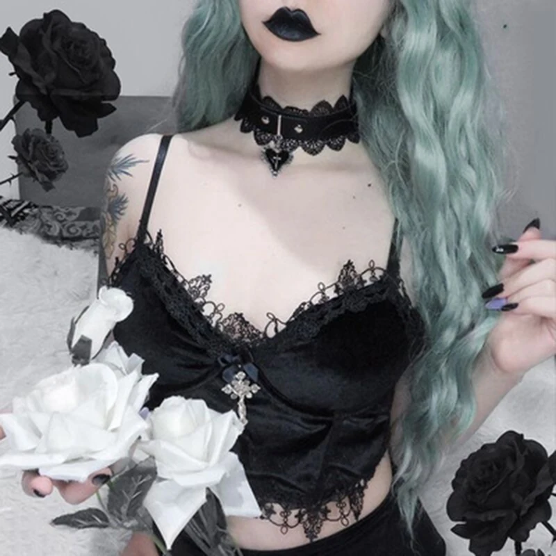 Velvet Y2K Mall Goth Crop Tops Black Lace Trim Emo Alternative Aesthetic Crop Tops Women Backless Sexy Strap Tanks
