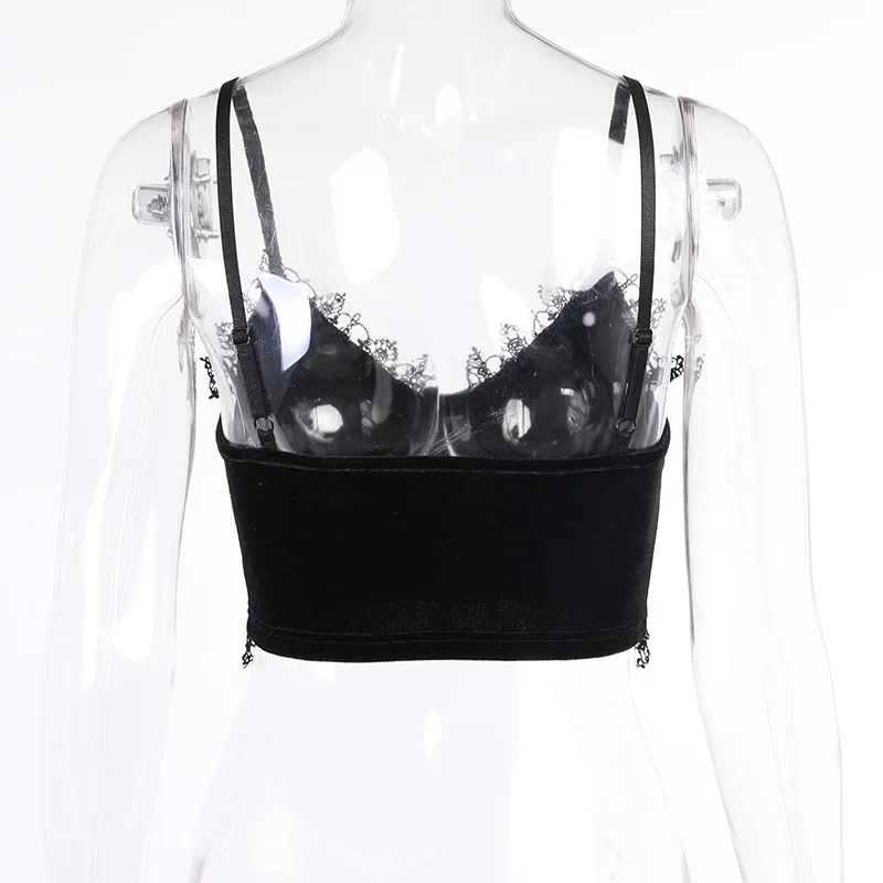 Velvet Y2K Mall Goth Crop Tops Black Lace Trim Emo Alternative Aesthetic Crop Tops Women Backless Sexy Strap Tanks