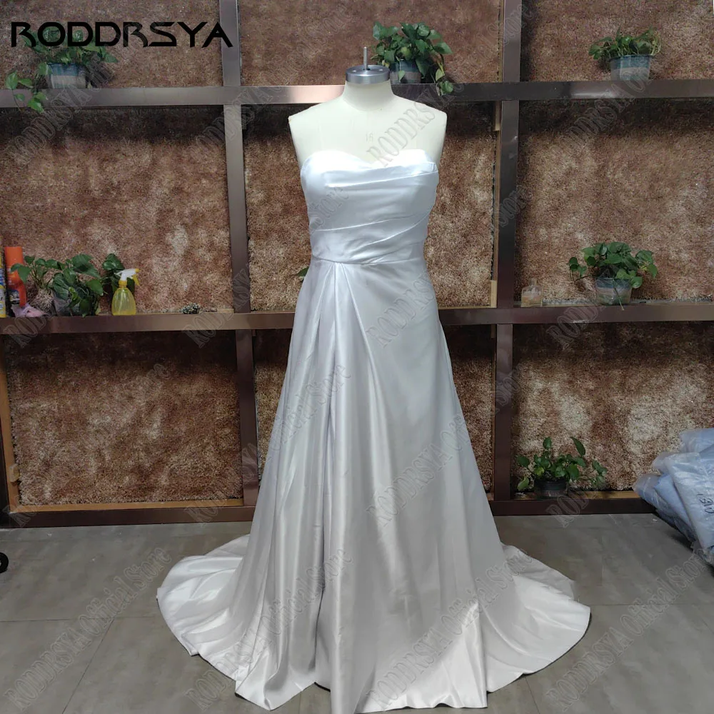 RODDRSYA Strapless Sleeveless Wedding Dresses For Woman Side Split Bride Gowns A-Line Satin Sweep Train Modern Robe De Mariée