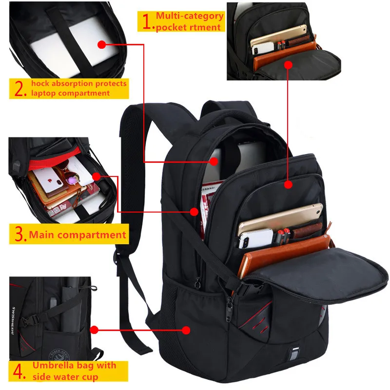 Men Multifunction USB Charging Fashion Business Casual Travel Anti-Theft Waterproof 17 Inch Laptop Backpack School Bag