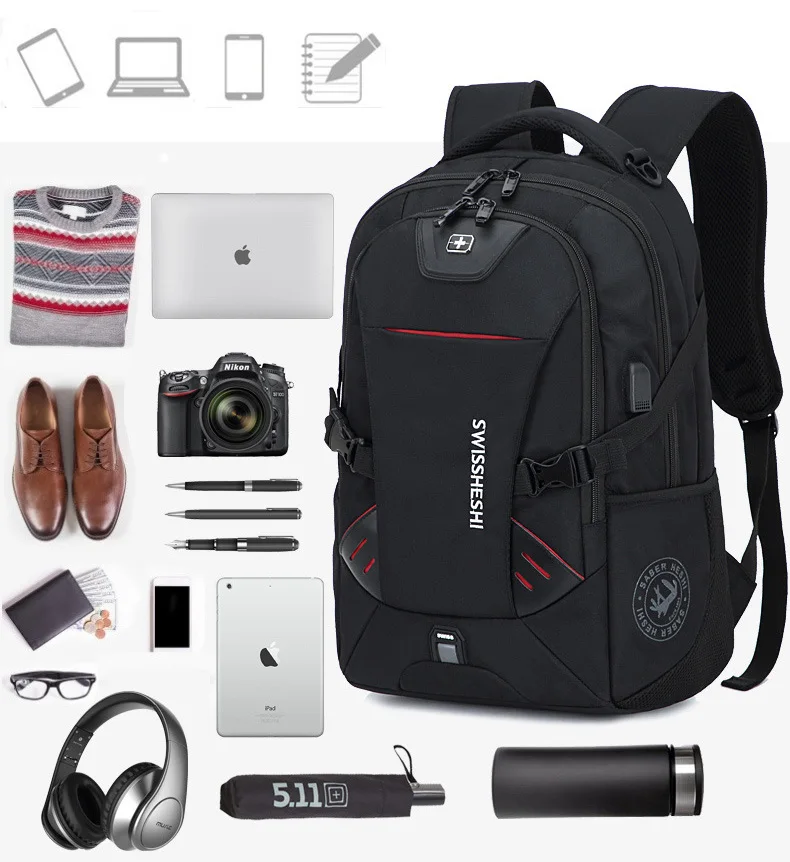 Men Multifunction USB Charging Fashion Business Casual Travel Anti-Theft Waterproof 17 Inch Laptop Backpack School Bag