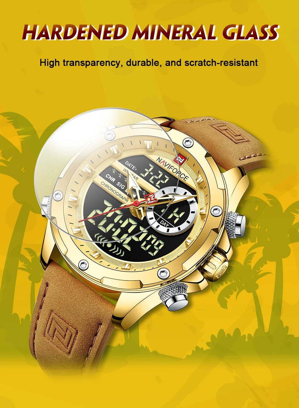 NAVIFORCE Luxury Original Watches For Men Casual Sport Chronograph Alarm Quartz WristWatch Leather Waterproof Digital Clock 9163