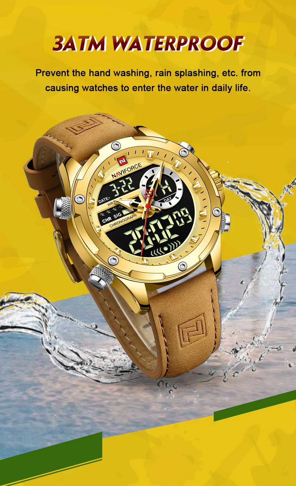 NAVIFORCE Luxury Original Watches For Men Casual Sport Chronograph Alarm Quartz WristWatch Leather Waterproof Digital Clock 9163