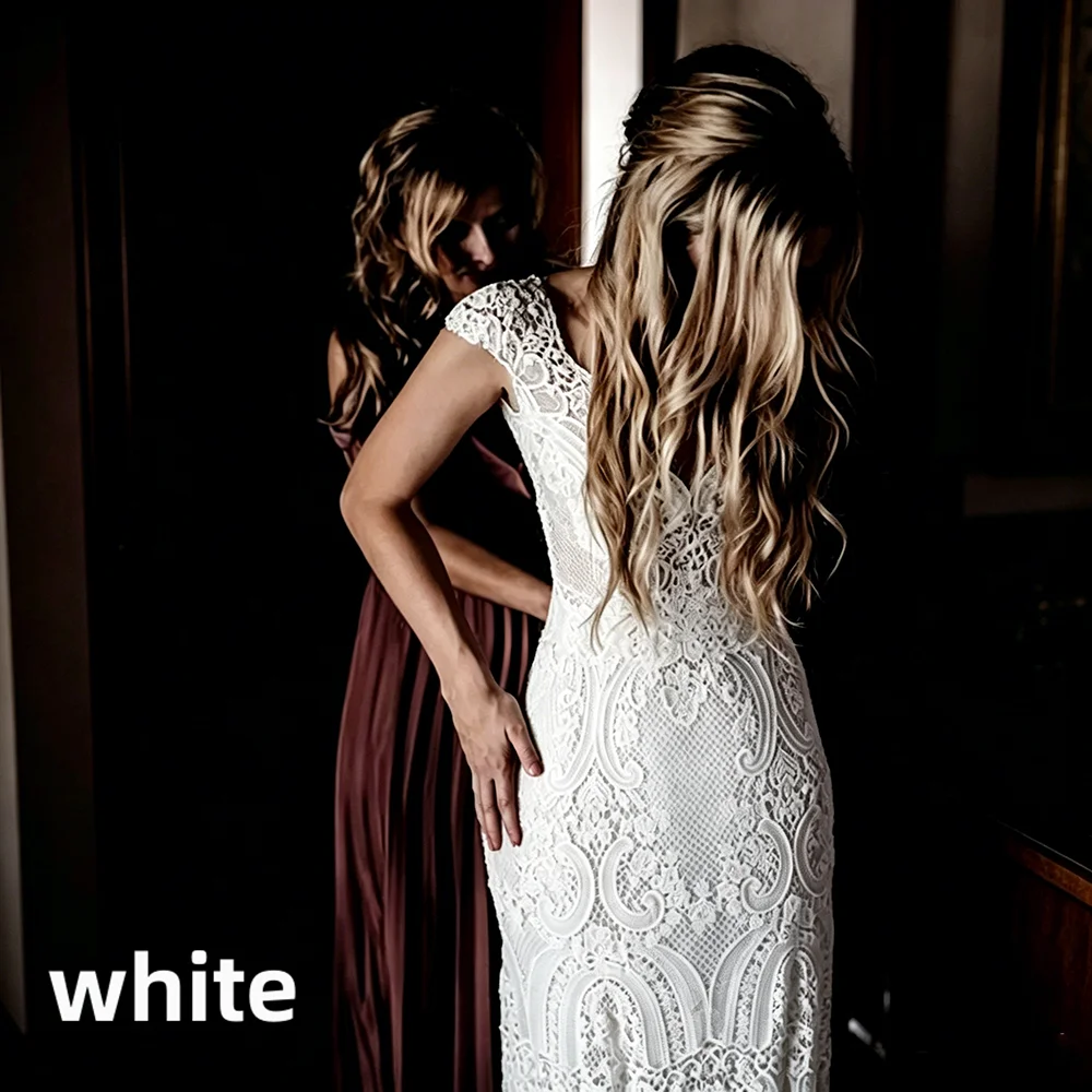 Womens Boho Mermaid Wedding Dress Full Lace V-neck Cap Sleeve Low Back Sweep Train Vintage Bridal Gown for Beach Outdoor Wedding