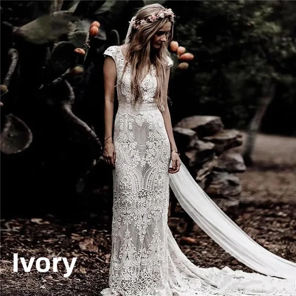 Womens Boho Mermaid Wedding Dress Full Lace V-neck Cap Sleeve Low Back Sweep Train Vintage Bridal Gown for Beach Outdoor Wedding