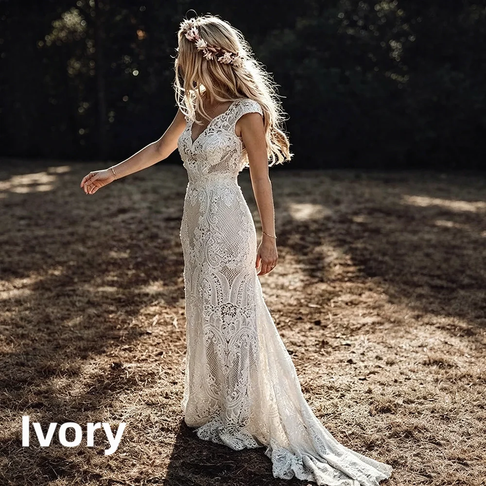 Womens Boho Mermaid Wedding Dress Full Lace V-neck Cap Sleeve Low Back Sweep Train Vintage Bridal Gown for Beach Outdoor Wedding