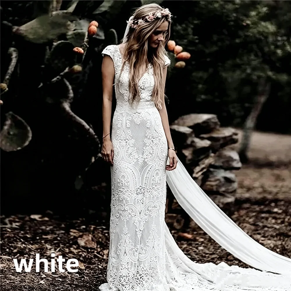 Womens Boho Mermaid Wedding Dress Full Lace V-neck Cap Sleeve Low Back Sweep Train Vintage Bridal Gown for Beach Outdoor Wedding