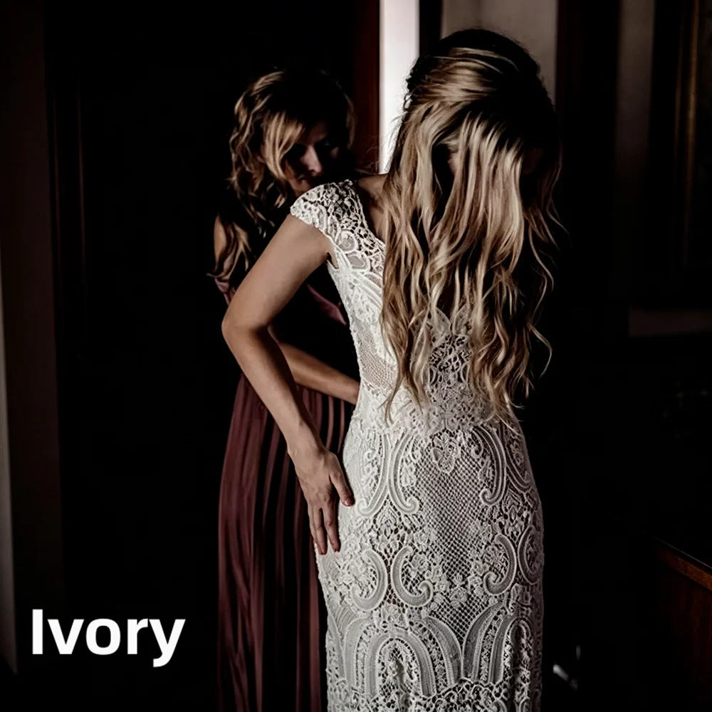 Womens Boho Mermaid Wedding Dress Full Lace V-neck Cap Sleeve Low Back Sweep Train Vintage Bridal Gown for Beach Outdoor Wedding