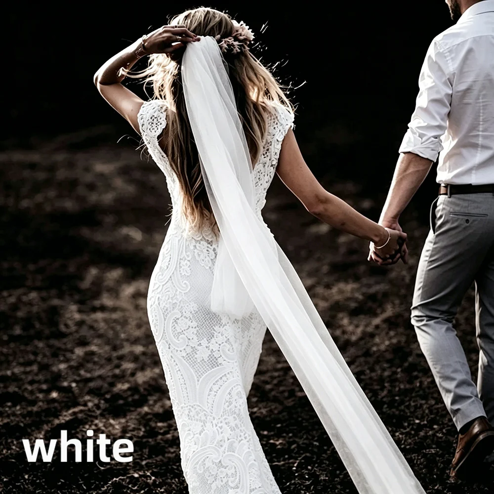 Womens Boho Mermaid Wedding Dress Full Lace V-neck Cap Sleeve Low Back Sweep Train Vintage Bridal Gown for Beach Outdoor Wedding