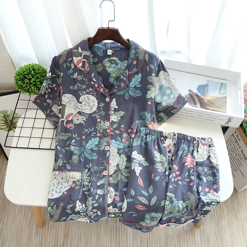Spring And Autumn Ladies Cute Cartoon Floral Viscose Fiber Pajamas Two-piece Long-sleeved Home Service Cotton Summer Thin Shorts
