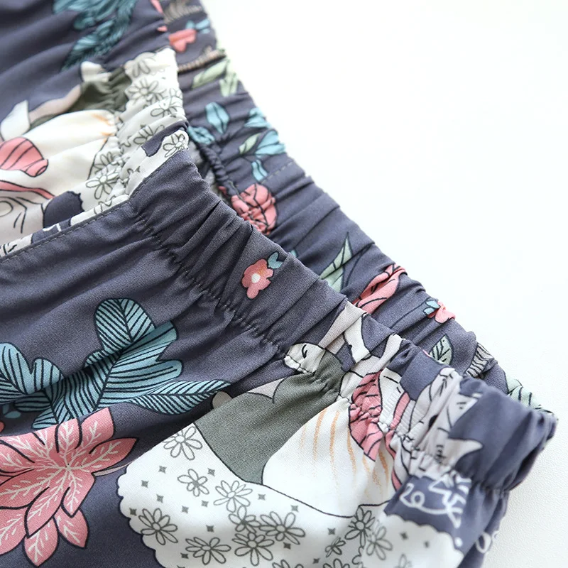 Spring And Autumn Ladies Cute Cartoon Floral Viscose Fiber Pajamas Two-piece Long-sleeved Home Service Cotton Summer Thin Shorts