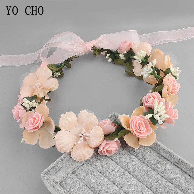 Meldel Bridal Hair Accessories Foam Rose Headband Women Headdress Silk Fake Flower Wreath Handmade Headband