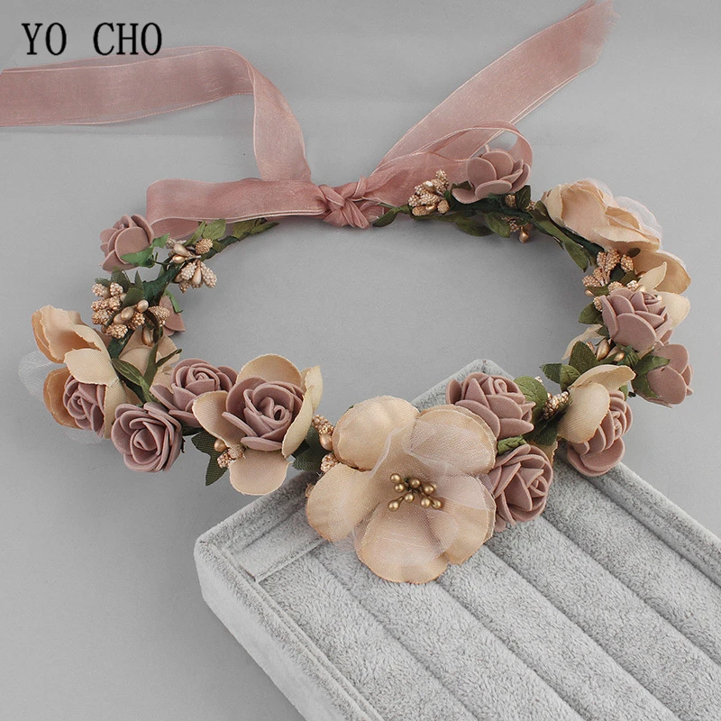 Meldel Bridal Hair Accessories Foam Rose Headband Women Headdress Silk Fake Flower Wreath Handmade Headband