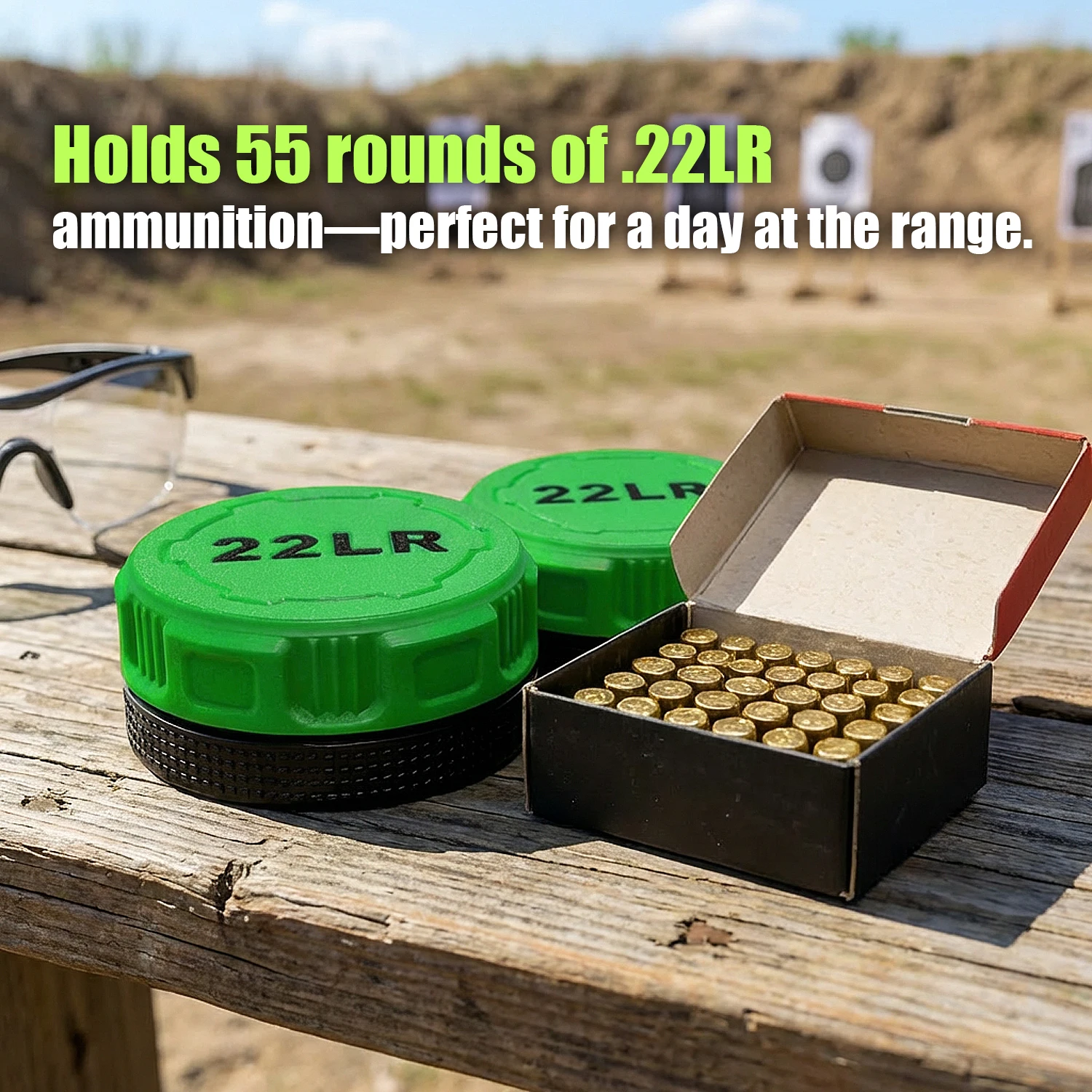 A compact storage case capable of holding 55 .22LR rounds—convenient for carrying to the shooting range.