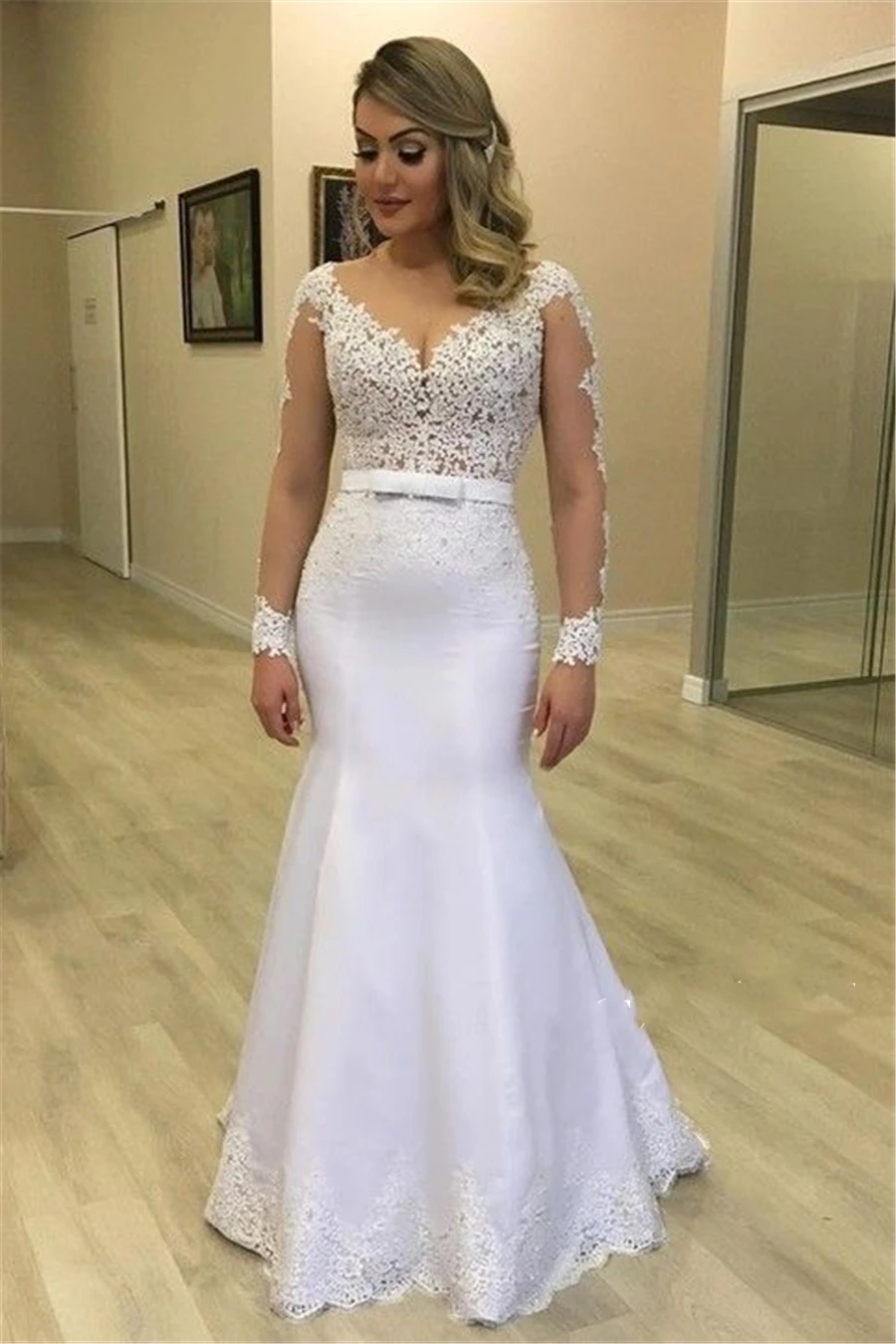 Sheer Long Sleeves Mermaid Wedding Dresses See Through Back Custom Two Pieces Bridal Gowns Modest Vestidos De Novia