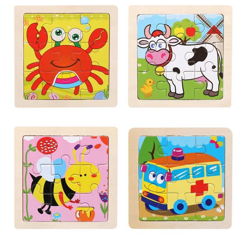 Wooden Toys 11x11cm Jigsaw 3d Puzzle Cartoon Animal Traffic Wooden Puzzle Game Montessori Educational Toys For Children