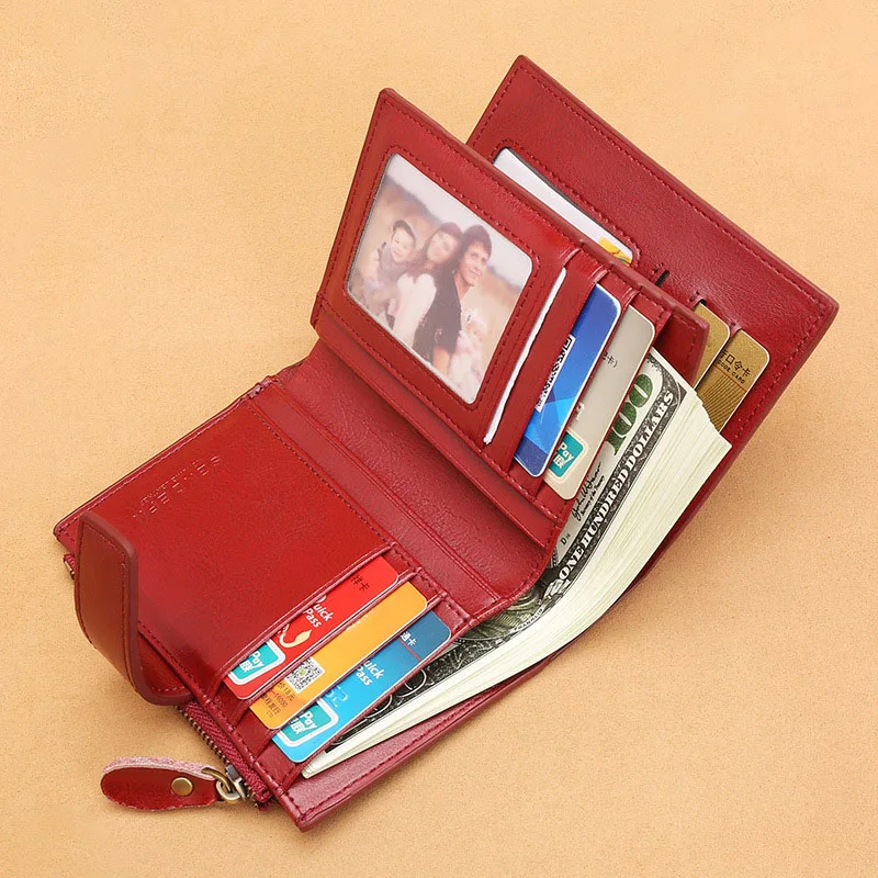 New Short Women Wallets Genuine Leather Zipper Coin Pocket Women Name Engraved High Quality Card Holder Kpop Female Wallet