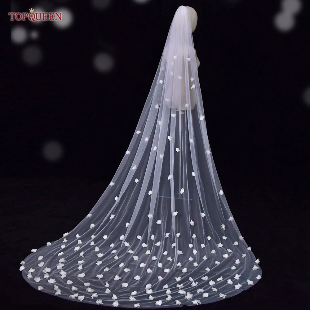 TOPQUEEN V20 Soft Bridal Veils 3d Floral Wedding Veil Single Tier Hand-stitched Long Cathedral Wedding Veil with 3D Flowers
