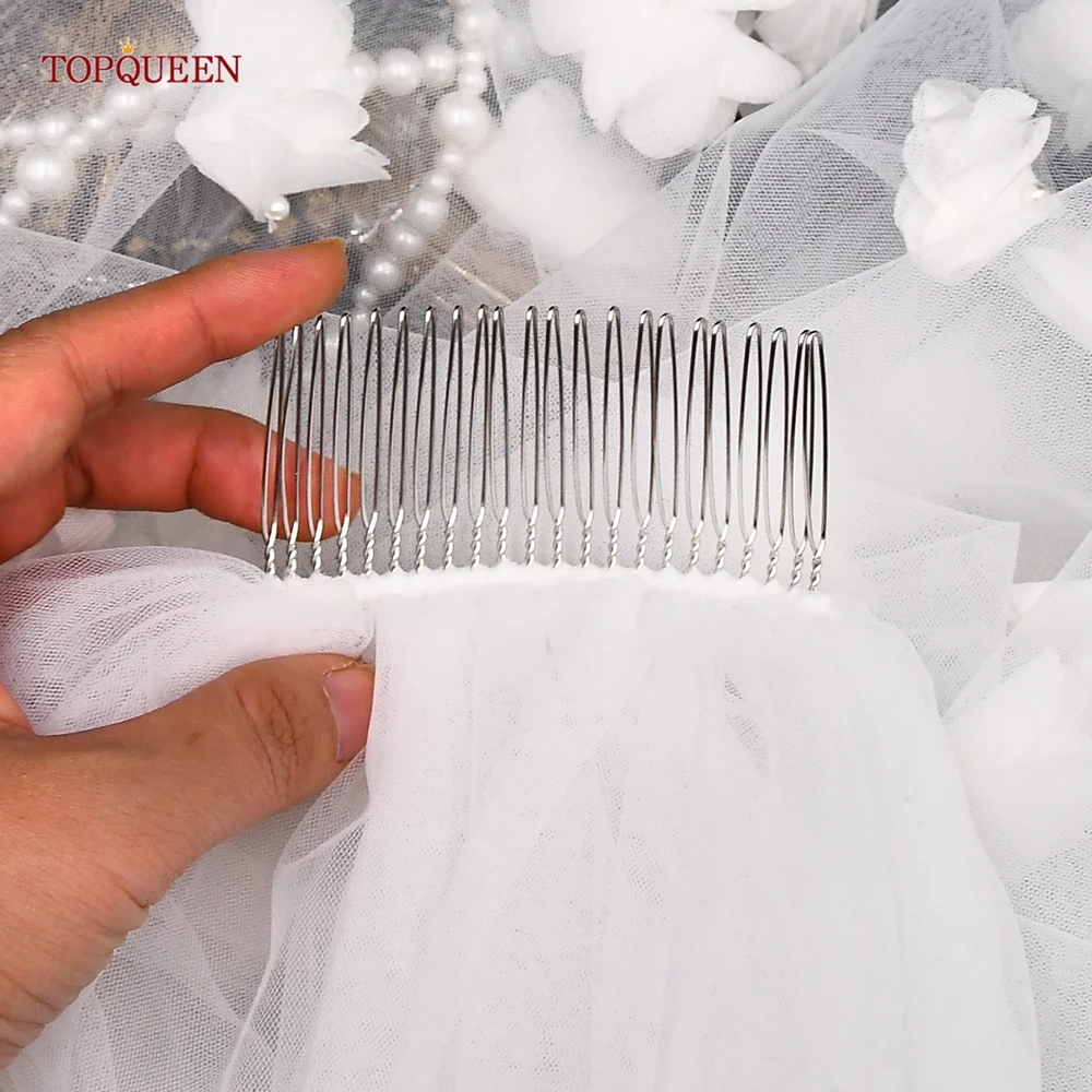 TOPQUEEN V20 Soft Bridal Veils 3d Floral Wedding Veil Single Tier Hand-stitched Long Cathedral Wedding Veil with 3D Flowers