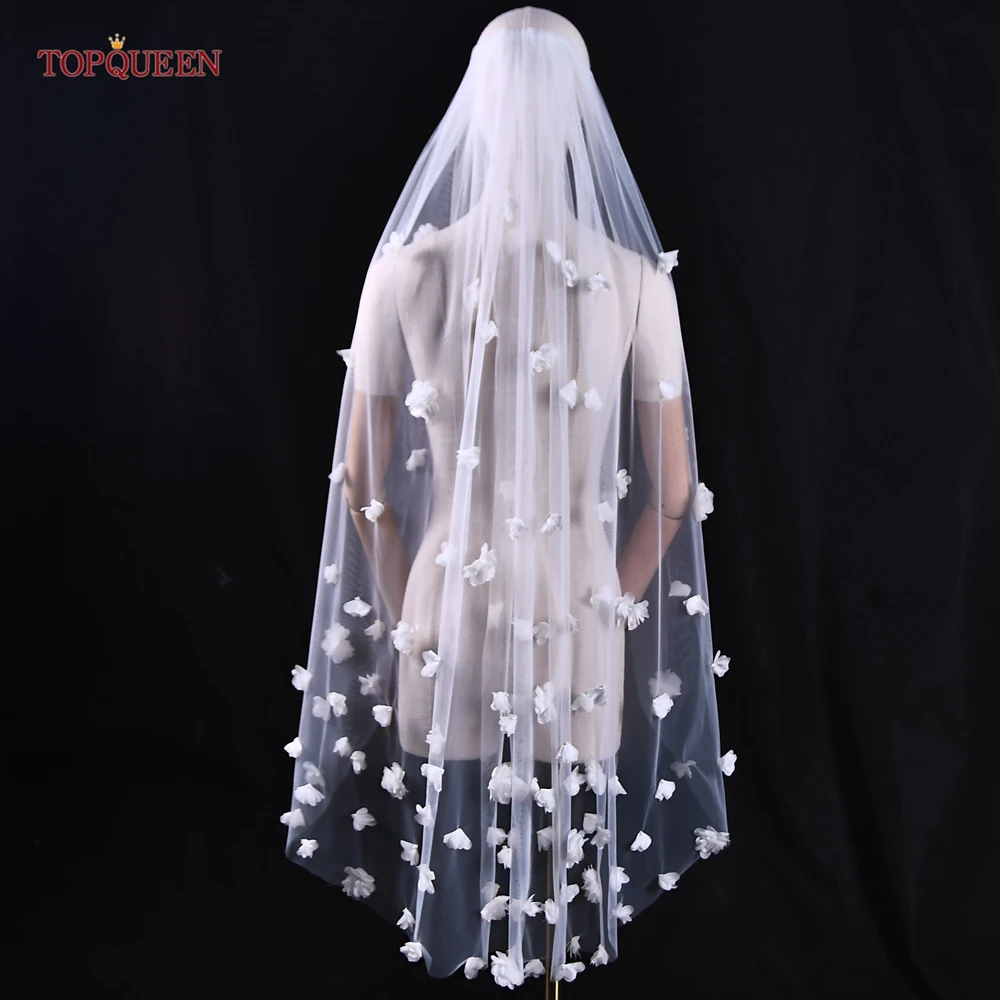 TOPQUEEN V20 Soft Bridal Veils 3d Floral Wedding Veil Single Tier Hand-stitched Long Cathedral Wedding Veil with 3D Flowers