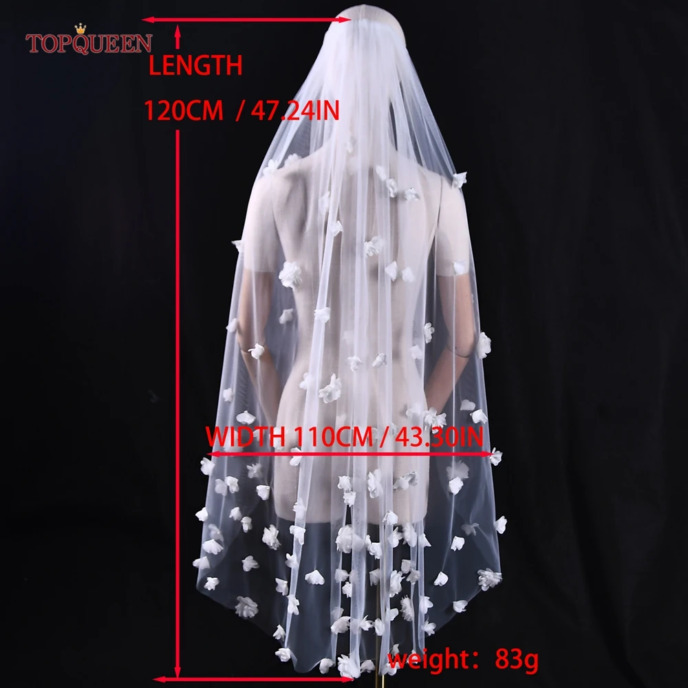 TOPQUEEN V20 Soft Bridal Veils 3d Floral Wedding Veil Single Tier Hand-stitched Long Cathedral Wedding Veil with 3D Flowers