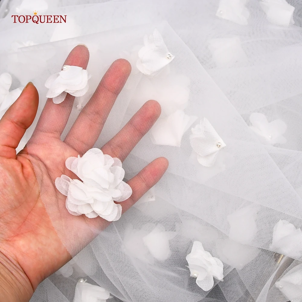 TOPQUEEN V20 Soft Bridal Veils 3d Floral Wedding Veil Single Tier Hand-stitched Long Cathedral Wedding Veil with 3D Flowers