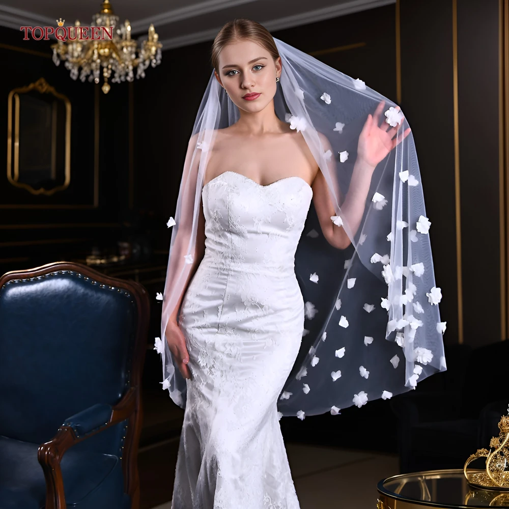 TOPQUEEN V20 Soft Bridal Veils 3d Floral Wedding Veil Single Tier Hand-stitched Long Cathedral Wedding Veil with 3D Flowers