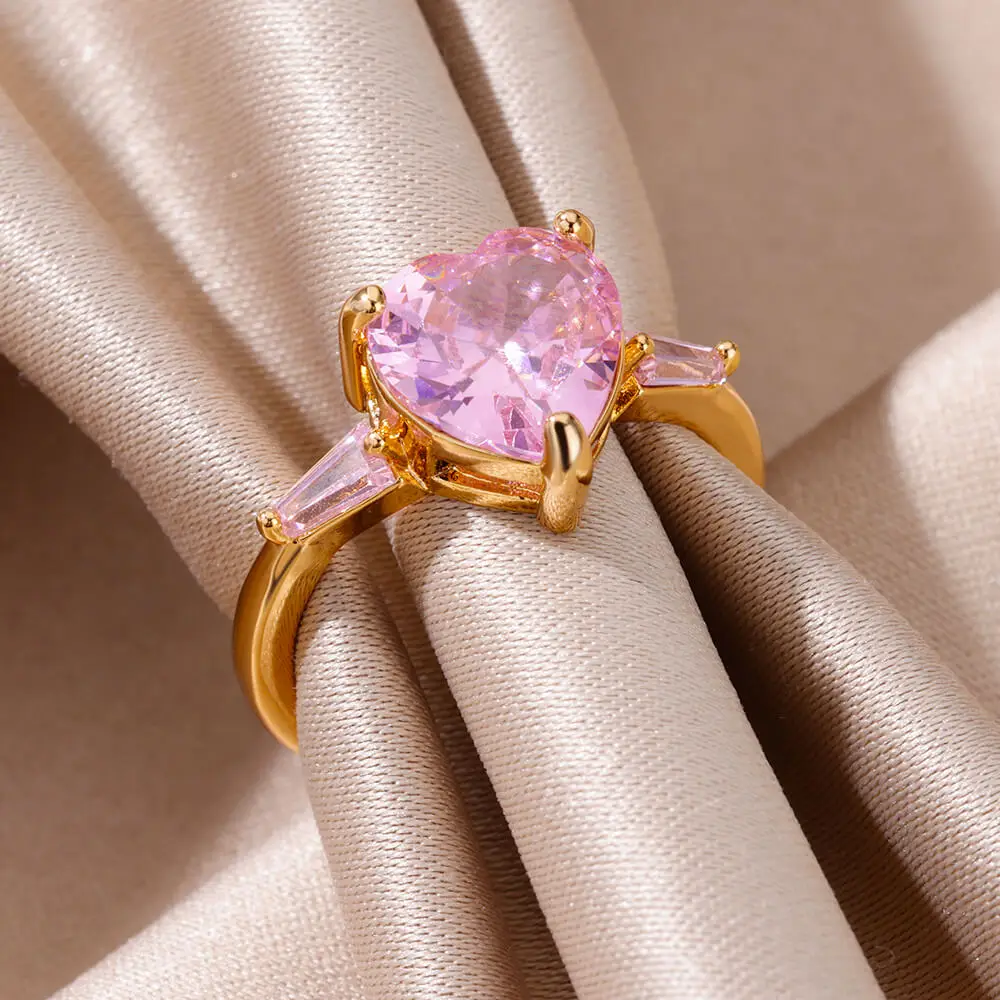 Pink Zircon Heart Rings For Women Gold Plated Stainless Steel Adjustable Heart Ring 2026 Trend Wedding Aesthetic Jewelry Gift