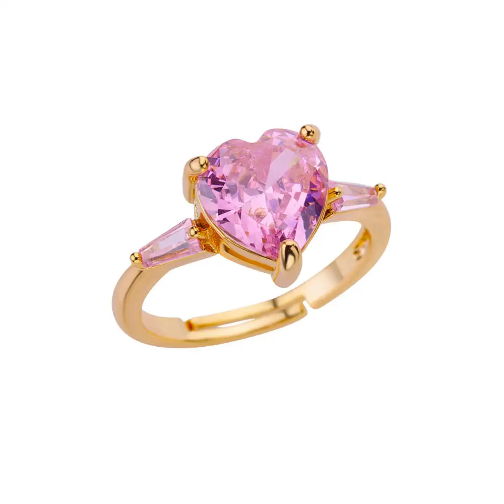 Pink Zircon Heart Rings For Women Gold Plated Stainless Steel Adjustable Heart Ring 2026 Trend Wedding Aesthetic Jewelry Gift