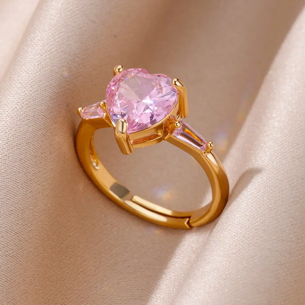 Pink Zircon Heart Rings For Women Gold Plated Stainless Steel Adjustable Heart Ring 2026 Trend Wedding Aesthetic Jewelry Gift