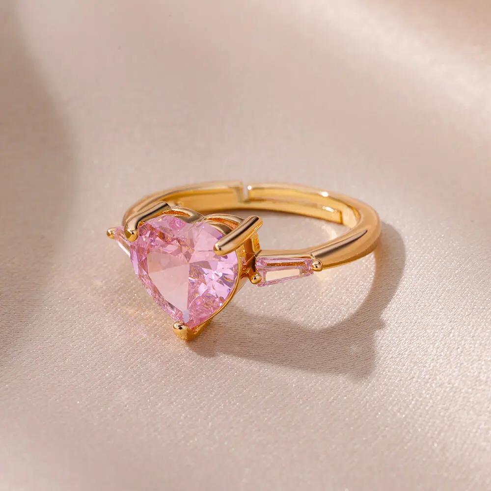Pink Zircon Heart Rings For Women Gold Plated Stainless Steel Adjustable Heart Ring 2026 Trend Wedding Aesthetic Jewelry Gift