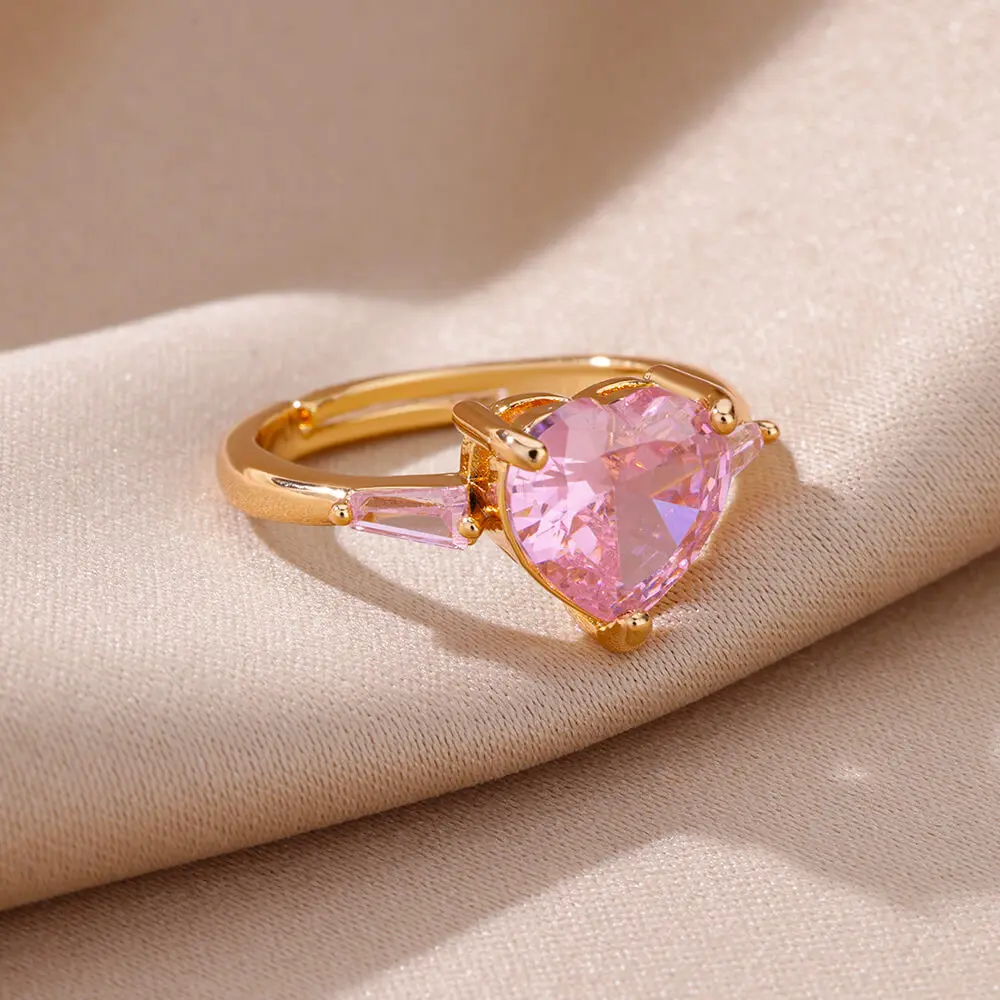 Pink Zircon Heart Rings For Women Gold Plated Stainless Steel Adjustable Heart Ring 2026 Trend Wedding Aesthetic Jewelry Gift