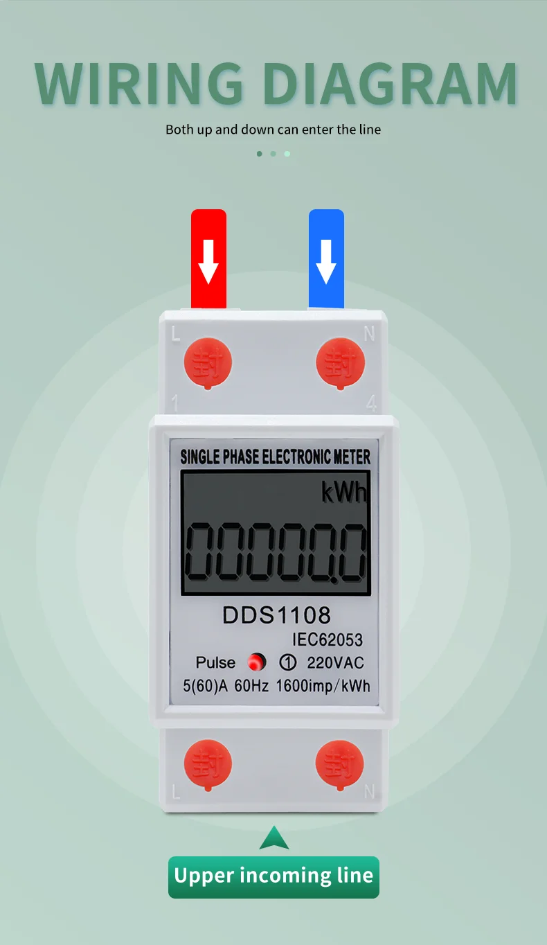 LCD Digital Display Power Consumption Meter Single Phase Energy Meter Watt Wattmeter kWh 230V AC 50Hz 60A Electric Din Rail