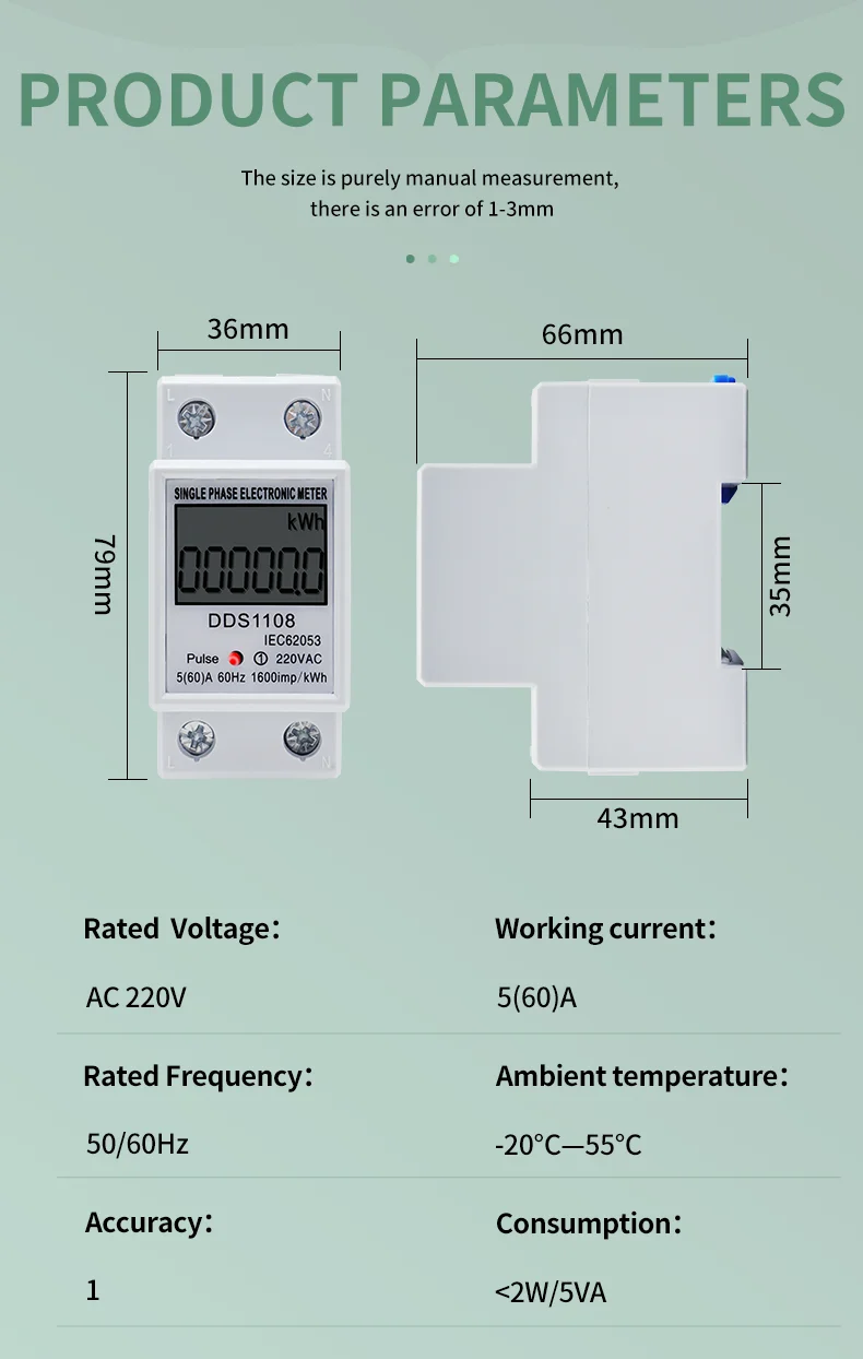 LCD Digital Display Power Consumption Meter Single Phase Energy Meter Watt Wattmeter kWh 230V AC 50Hz 60A Electric Din Rail