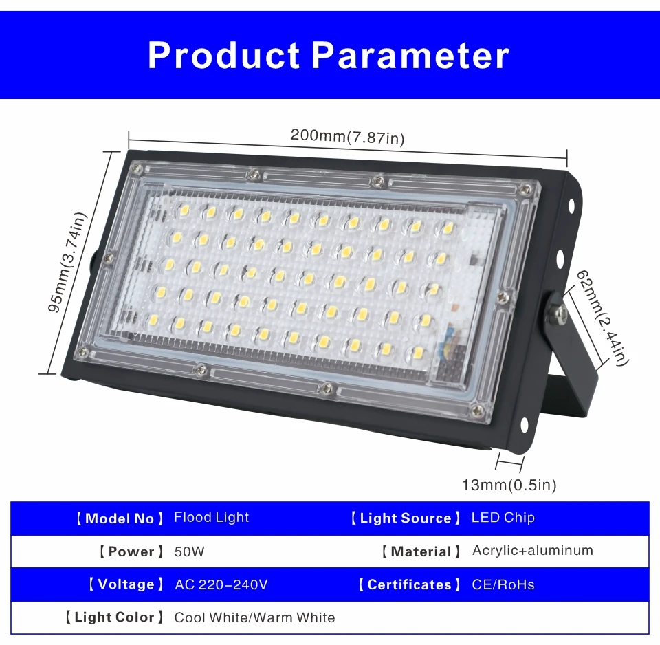 2pcs/lot 50W Led Flood Light AC 220V 230V 240V Outdoor Floodlight Spotlight IP65 Waterproof LED Street Lamp Landscape Lighting