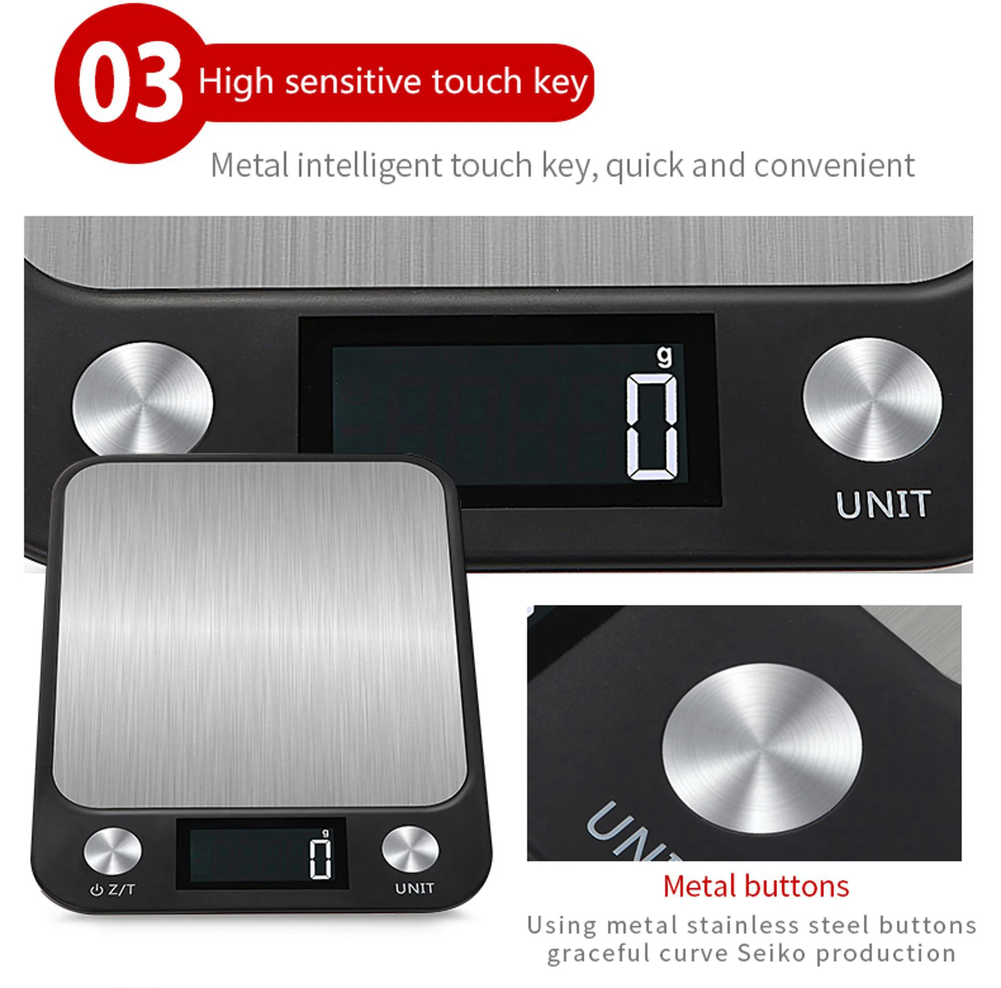 Kitchen Scale 15Kg/1g Weighing Food Coffee Balance Smart Electronic Digital Scales Stainless Steel Design for Cooking and Baking
