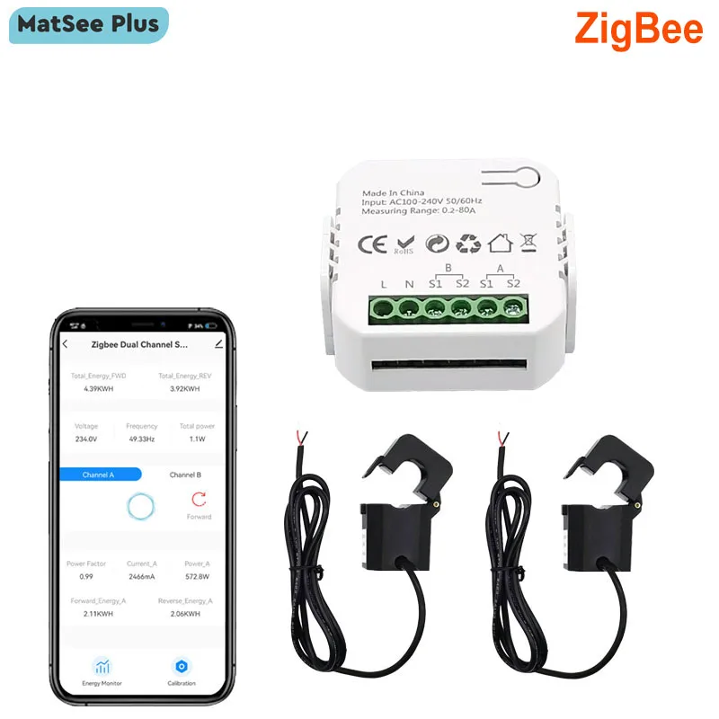 Smart ZigBee Energy Meter Bidirection 1, 2 Channel with Current Transformer Clamp App Monitor Power 80A 110V/240V 50/60Hz