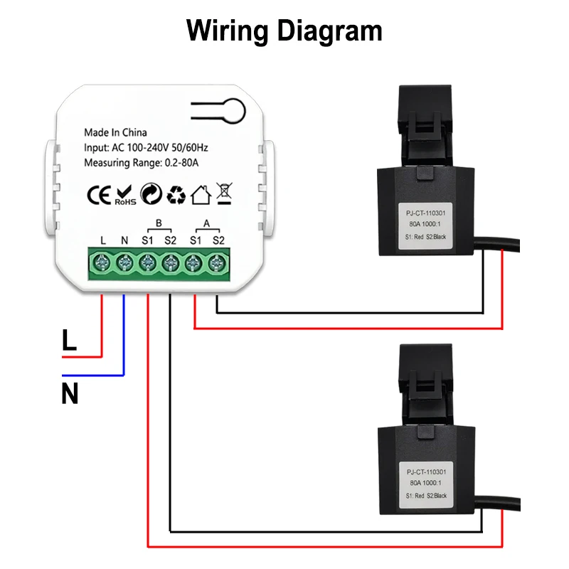 Smart ZigBee Energy Meter Bidirection 1, 2 Channel with Current Transformer Clamp App Monitor Power 80A 110V/240V 50/60Hz