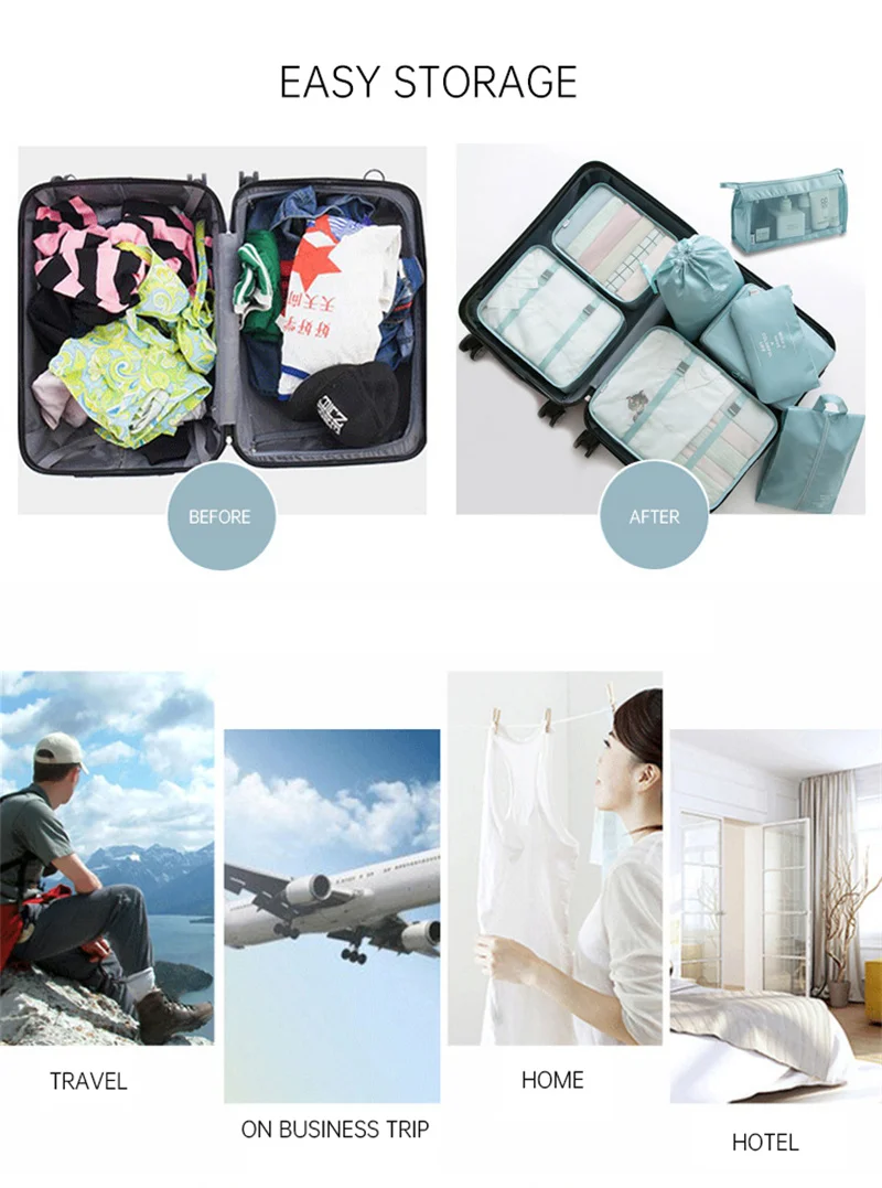 7Pcs Folding Travel Organizer Storage Bags Wardrobe Cube Suitcase Packing Set Storages Luggage Clothes Shoe Box