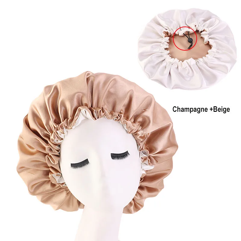 New Women Solid Reversible Satin Bonnet For Curly Hair Cap Double Layer Adjustable Sleep Cap Elastic Hair Cap Haircare Night Hat