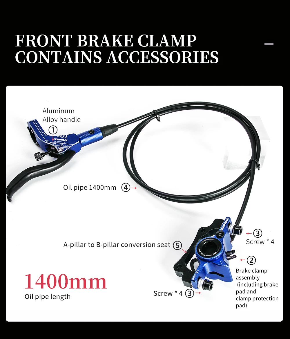 TANKE MTB Bike Hydraulic Disc Brake Set 160mm Rotors Oil Calliper Plate Front Rear Mountain Bicycle Clamp 22.2mm Handle A Pillar